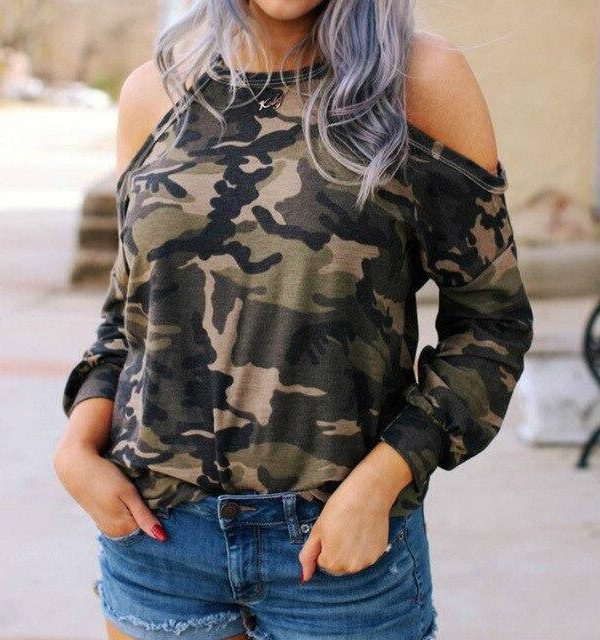 Long Sleeve Tops Fashion Casual  Women Tops and Shirts Long Sleeve O Neck Camouflage Off Shoulder Women Tshirt - Takalr