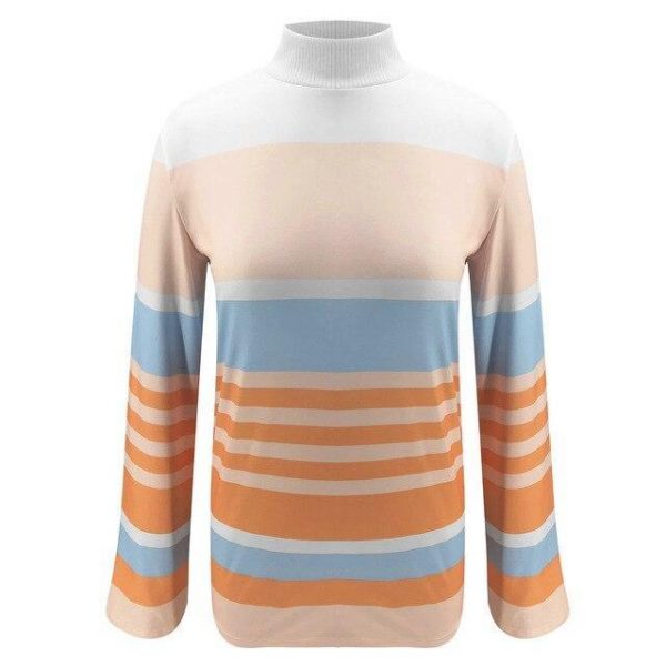 Long Sleeve Women Tops and Shirt Fall Clothing Fashion Casual Turtleneck Striped Printed Patchwork Flare Sleeve Women Blouse - Takalr