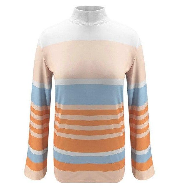 Long Sleeve Women Tops and Shirt Fall Clothing Fashion Casual Turtleneck Striped Printed Patchwork Flare Sleeve Women Blouse - Takalr