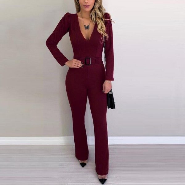 Long sleeve bodycon rompers womens jumpsuit with belt Autumn Elegant office work wear Solid outfits for woman Overalls - Takalr