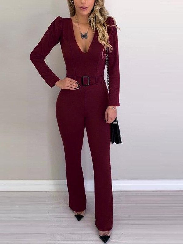 Long sleeve bodycon rompers womens jumpsuit with belt Autumn Elegant office work wear Solid outfits for woman Overalls - Takalr