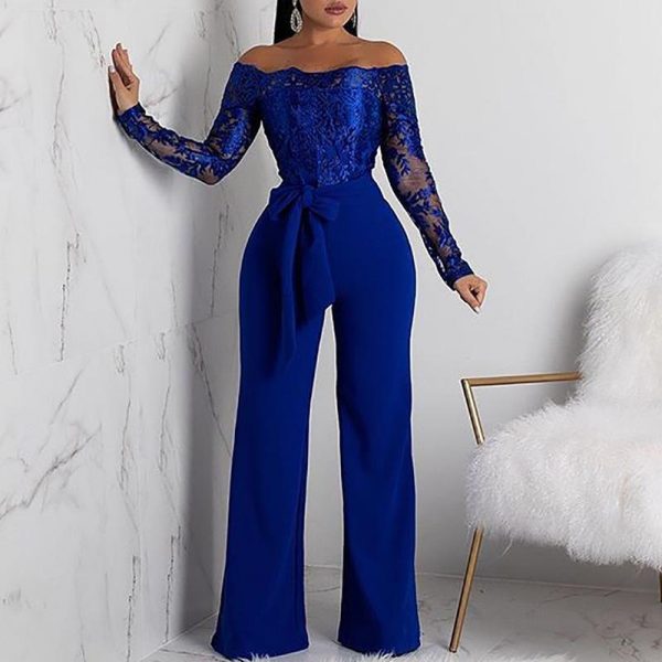 Long sleeve lace bodysuit jumpsuit Off shoulder floral lace up rompers womens jumpsuit Fashion wide leg pants Spring jumpsuits - Takalr