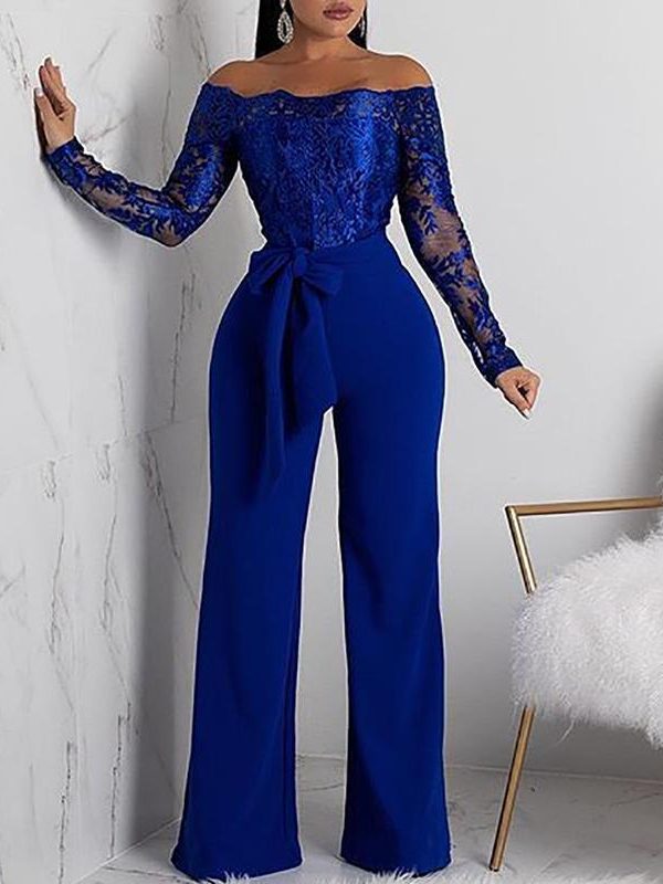 Long sleeve lace bodysuit jumpsuit Off shoulder floral lace up rompers womens jumpsuit Fashion wide leg pants Spring jumpsuits - Takalr