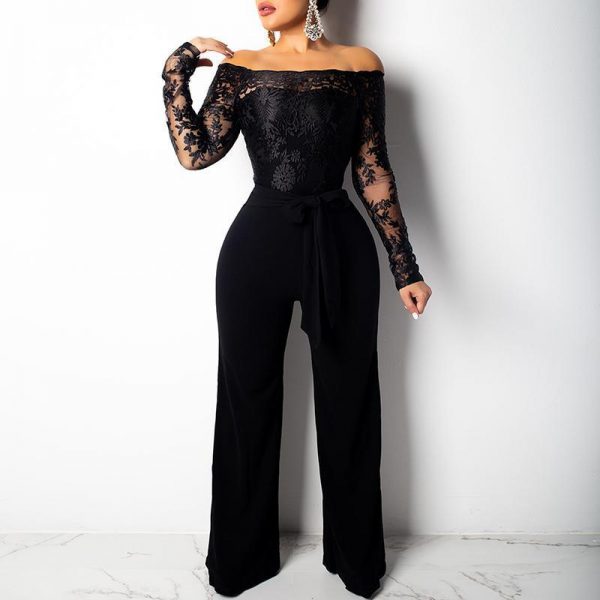 Long sleeve lace bodysuit jumpsuit Off shoulder floral lace up rompers womens jumpsuit Fashion wide leg pants Spring jumpsuits - Takalr