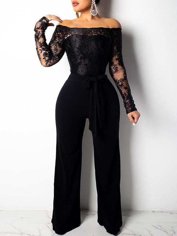 Long sleeve lace bodysuit jumpsuit Off shoulder floral lace up rompers womens jumpsuit Fashion wide leg pants Spring jumpsuits - Takalr