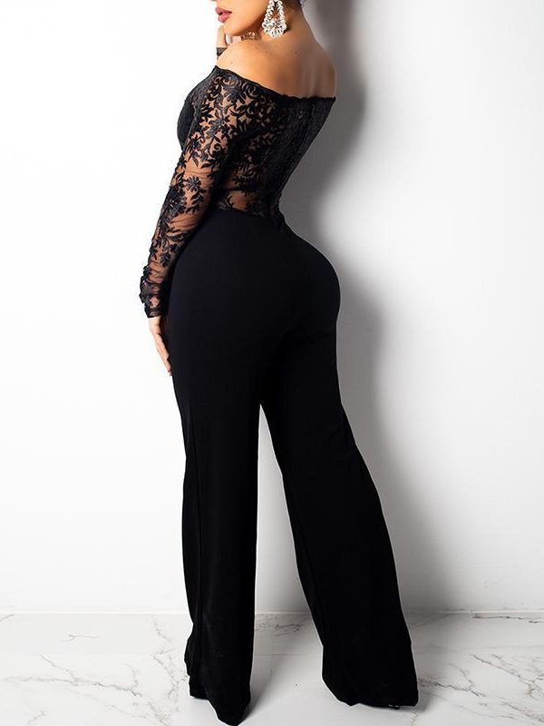 Long sleeve lace bodysuit jumpsuit Off shoulder floral lace up rompers womens jumpsuit Fashion wide leg pants Spring jumpsuits - Takalr