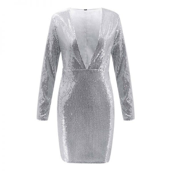 Long sleeve sequin dress women front open v neck dresses Winter fashion slim bodycon nightclub party dress Sequined vestido - Takalr