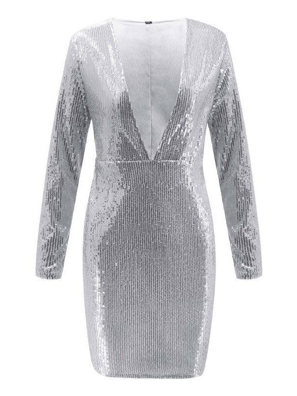 Long sleeve sequin dress women front open v neck dresses Winter fashion slim bodycon nightclub party dress Sequined vestido - Takalr