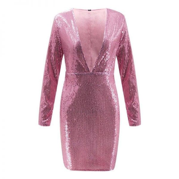 Long sleeve sequin dress women front open v neck dresses Winter fashion slim bodycon nightclub party dress Sequined vestido - Takalr