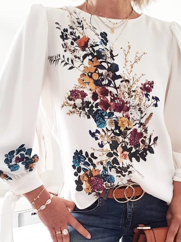 Lovely Bouquet Long Sleeve Top Women O Neck Long Sleeve T Shirt Flower Print Tops Summer Streetwear Blusa Mujer - Takalr