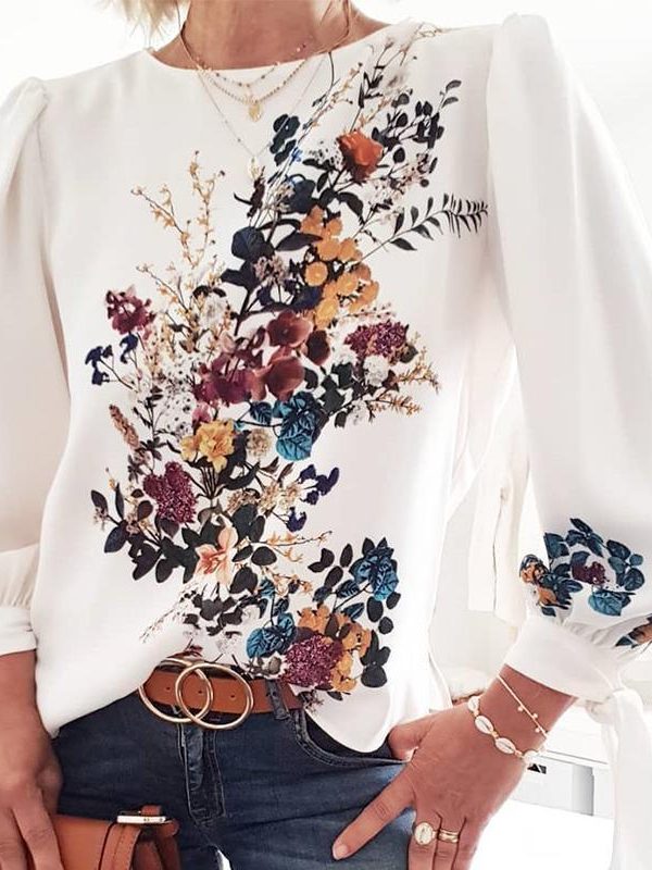 Lovely Bouquet Long Sleeve Top Women O Neck Long Sleeve T Shirt Flower Print Tops Summer Streetwear Blusa Mujer - Takalr