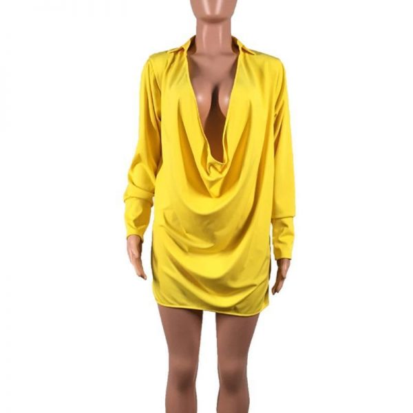 Low cut v neck shirt dress Women long sleeve draped loose dresses Summer 2019 sexy party dress Yellow vestidos mujer 2019 - Takalr