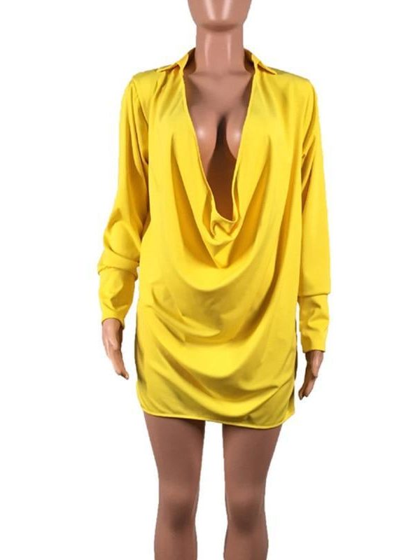 Low cut v neck shirt dress Women long sleeve draped loose dresses Summer 2019 sexy party dress Yellow vestidos mujer 2019 - Takalr