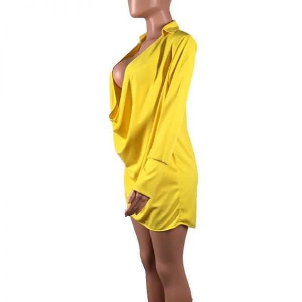 Low cut v neck shirt dress Women long sleeve draped loose dresses Summer 2019 sexy party dress Yellow vestidos mujer 2019 - Takalr