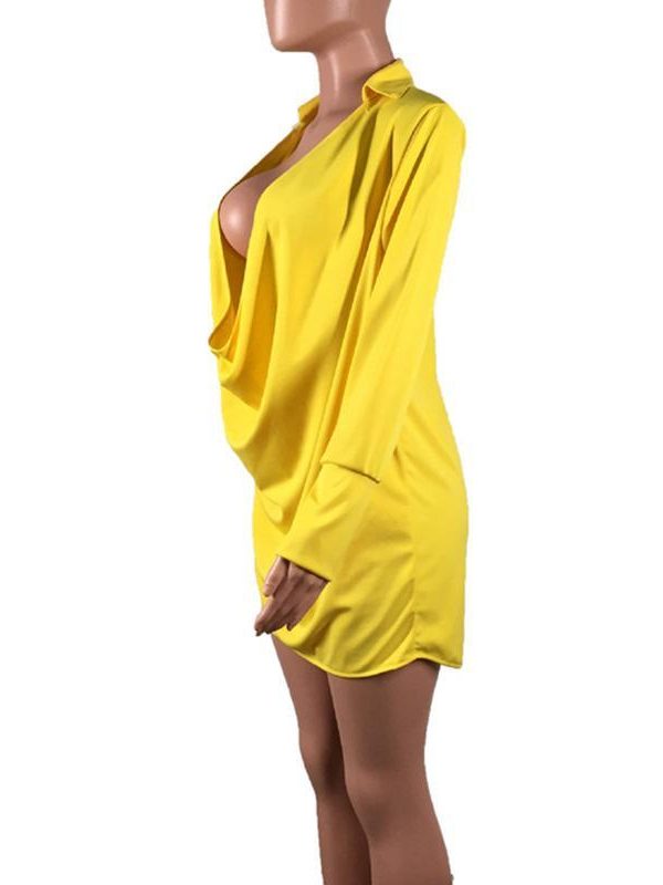 Low cut v neck shirt dress Women long sleeve draped loose dresses Summer 2019 sexy party dress Yellow vestidos mujer 2019 - Takalr