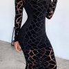 Mesh Insert Long Sleeve Bodycon Dress Women Grometric Transparent Party Dress Winter Skinny Black Vestidos - Takalr