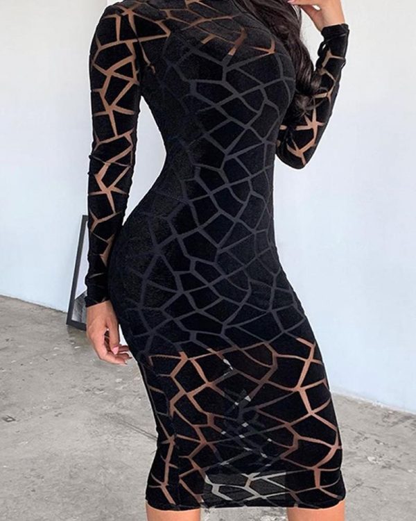 Mesh Insert Long Sleeve Bodycon Dress Women Grometric Transparent Party Dress Winter Skinny Black Vestidos - Takalr