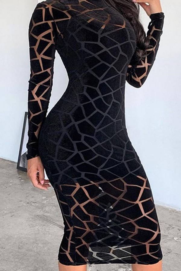 Mesh Insert Long Sleeve Bodycon Dress Women Grometric Transparent Party Dress Winter Skinny Black Vestidos - Takalr