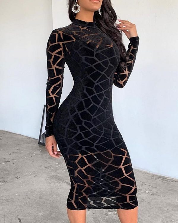 Mesh Insert Long Sleeve Bodycon Dress Women Grometric Transparent Party Dress Winter Skinny Black Vestidos - Takalr