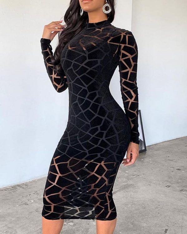 Mesh Insert Long Sleeve Bodycon Dress Women Grometric Transparent Party Dress Winter Skinny Black Vestidos - Takalr