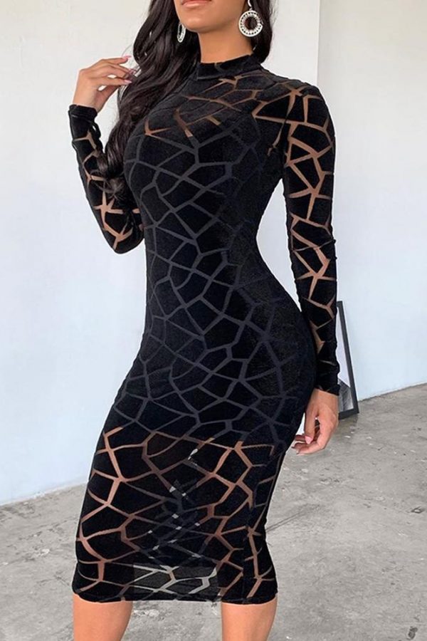 Mesh Insert Long Sleeve Bodycon Dress Women Grometric Transparent Party Dress Winter Skinny Black Vestidos - Takalr