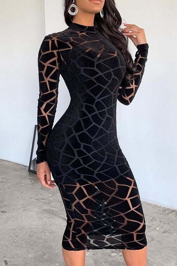 Mesh Insert Long Sleeve Bodycon Dress Women Grometric Transparent Party Dress Winter Skinny Black Vestidos - Takalr