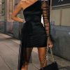 Mesh Patchwork One Shoulder Bodycon Dress Women sexy one mesh sleeve party dress - Takalr