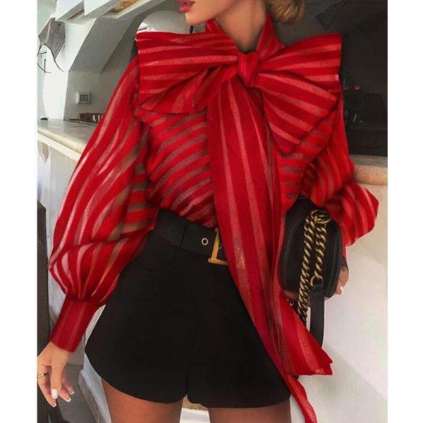 Mesh Striped Transparent Women Blouse Lantern Sleeve Tops Self Bow Tied Long Sleeve Shirt Femme Elegant Red Stripes Blusa - Takalr