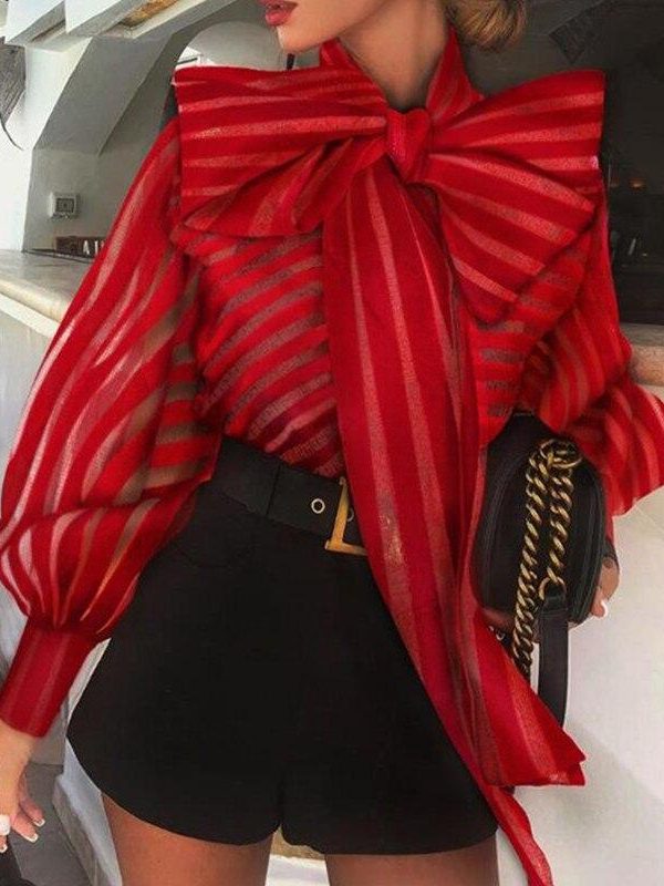 Mesh Striped Transparent Women Blouse Lantern Sleeve Tops Self Bow Tied Long Sleeve Shirt Femme Elegant Red Stripes Blusa - Takalr