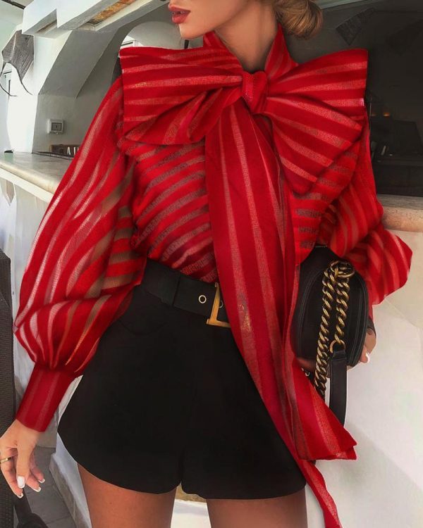 Mesh Striped Transparent Women Blouse Lantern Sleeve Tops Self Bow Tied Long Sleeve Shirt Femme Elegant Red Stripes Blusa - Takalr