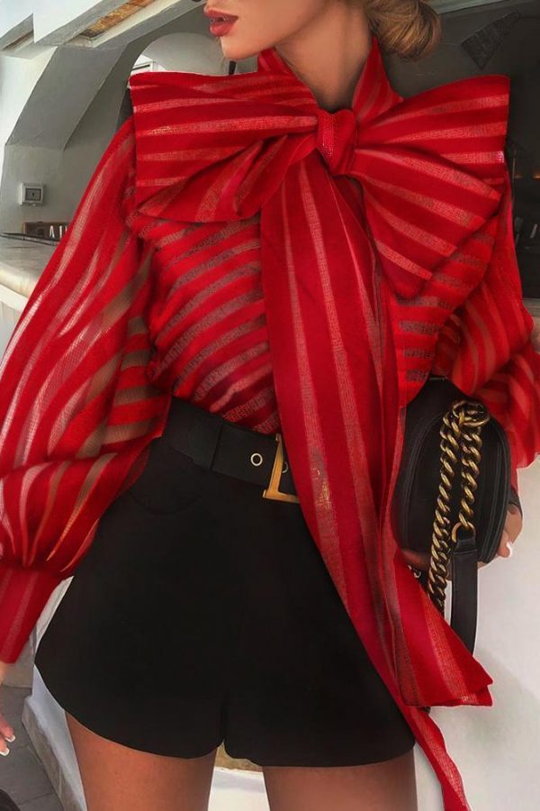 Mesh Striped Transparent Women Blouse Lantern Sleeve Tops Self Bow Tied Long Sleeve Shirt Femme Elegant Red Stripes Blusa - Takalr