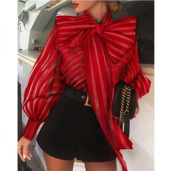 Mesh Striped Transparent Women Blouse Lantern Sleeve Tops Self Bow Tied Long Sleeve Shirt Femme Elegant Red Stripes Blusa - Takalr