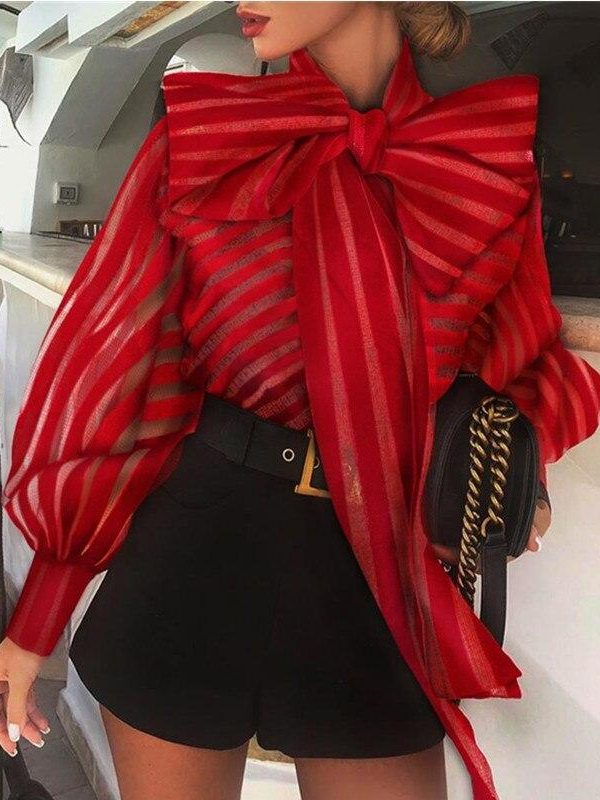 Mesh Striped Transparent Women Blouse Lantern Sleeve Tops Self Bow Tied Long Sleeve Shirt Femme Elegant Red Stripes Blusa - Takalr