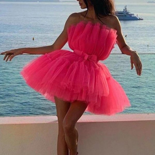 Mesh sheer layered design mini party dress Women solid pink cute mini dress Summer Off shoulder high waist dresses vestidos - Takalr