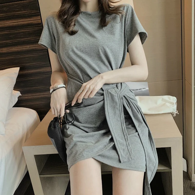 Sexy Solid Color Round Neck Cotton Belt Dress Women Summer High Waist A-line Party Nightclub Mini Dress Arrival - Image 12