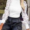 Mock Neck Polka Dot Puff Sleeve Tops Women Mesh Insert Ribbed Long Sleeve T Shirt Elegant Ladies Shirt - Takalr