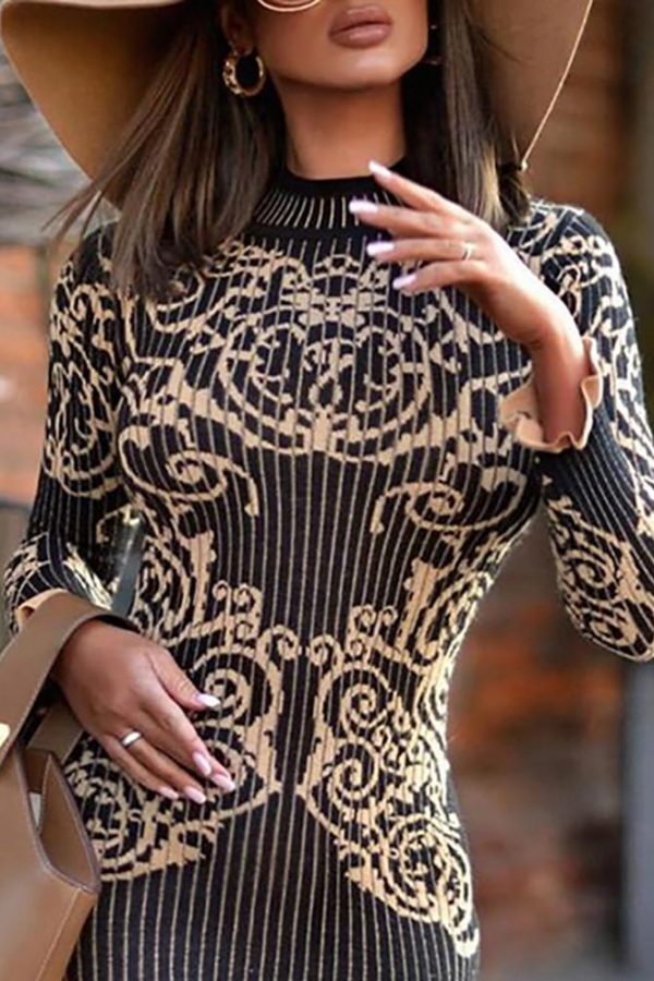 Mock Neck Retro Print Striped Long Sleeve Bodycon Dress Women Slim Fit Party Dress Spring Elegant Midi Pencil Dresses - Takalr