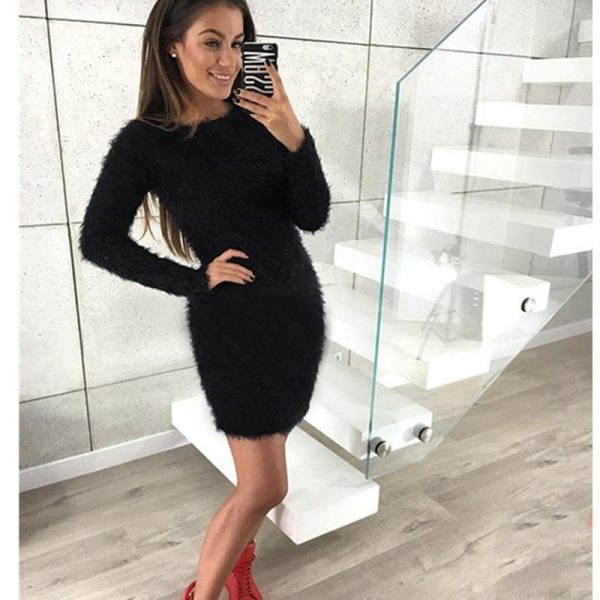 Mohair Dress Soft Warm Dresses Women Winter Slim Bodycon Dress O-neck Long Sleeve Flufy Dress Solid Party vestidos - Takalr