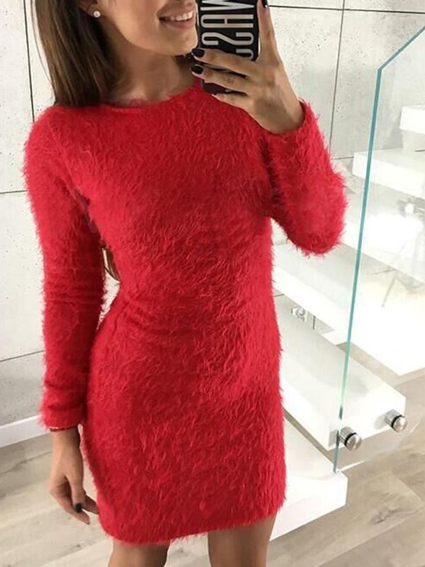 Mohair Dress Soft Warm Dresses Women Winter Slim Bodycon Dress O-neck Long Sleeve Flufy Dress Solid Party vestidos - Takalr