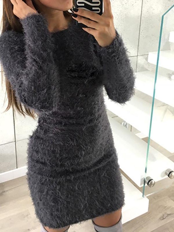 Mohair Dress Soft Warm Dresses Women Winter Slim Bodycon Dress O-neck Long Sleeve Flufy Dress Solid Party vestidos - Takalr