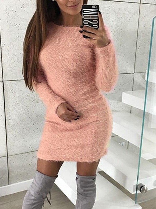 Mohair Dress Soft Warm Dresses Women Winter Slim Bodycon Dress O-neck Long Sleeve Flufy Dress Solid Party vestidos - Takalr