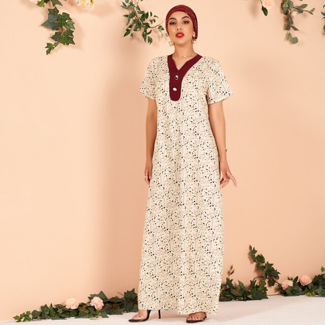 New Summer Long Dress Women 2021 Apricot Floral Print Chiffon Vintage V-neck Short Sleeve Arab Robes Loose Party Maxi Dresses - Image 3