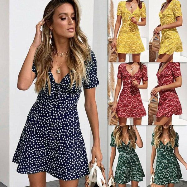 Summer Short Sleeve Floral Boho Dress Party Evening Beach V neck Dress - Takalr