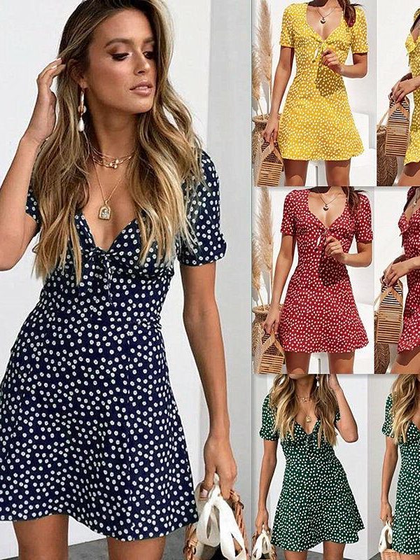 Summer Short Sleeve Floral Boho Dress Party Evening Beach V neck Dress - Takalr