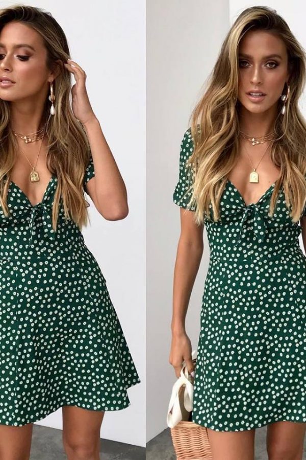 Summer Short Sleeve Floral Boho Dress Party Evening Beach V neck Dress - Takalr