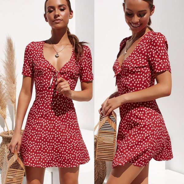 Summer Short Sleeve Floral Boho Dress Party Evening Beach V neck Dress - Takalr