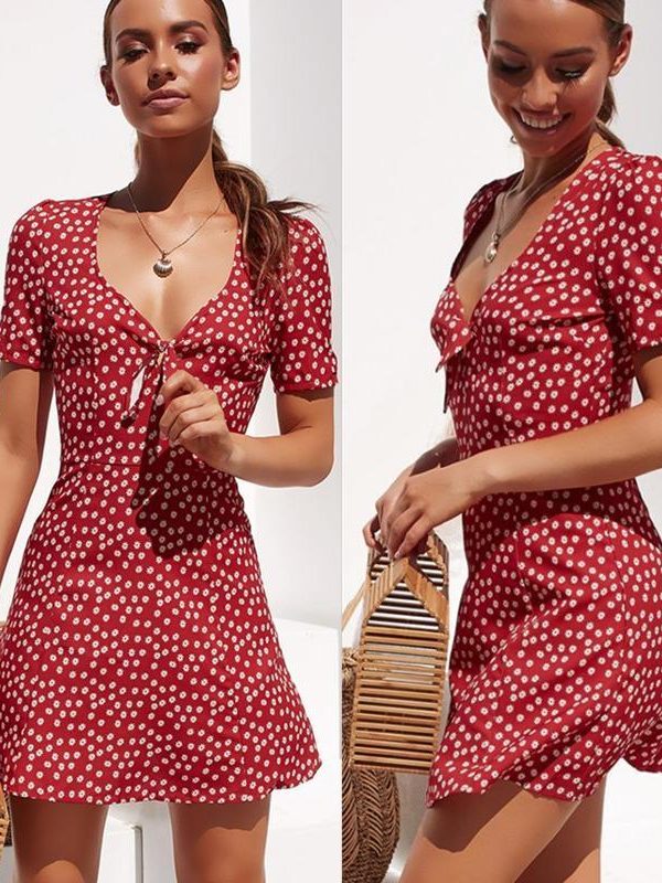 Summer Short Sleeve Floral Boho Dress Party Evening Beach V neck Dress - Takalr