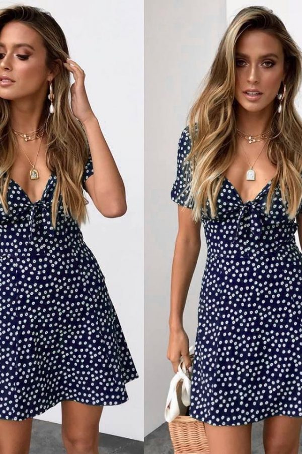 Summer Short Sleeve Floral Boho Dress Party Evening Beach V neck Dress - Takalr