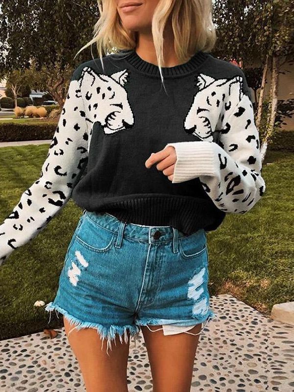 New sweater for women contrast color mosaic leopard pattern long-sleeved shirt women's knit sleeve casual loose O-Neck Autumn - Takalr