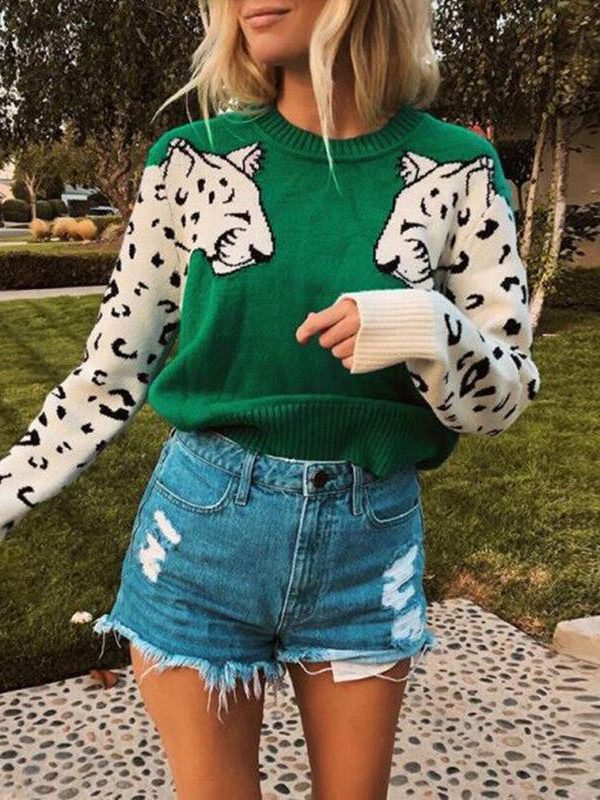 New sweater for women contrast color mosaic leopard pattern long-sleeved shirt women's knit sleeve casual loose O-Neck Autumn - Takalr